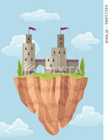 Flying island fairy tale castle. Cartoon fantasy palace with towers, vector medieval fort or fortress. Fairy tale kingdom house building in sky 98657564