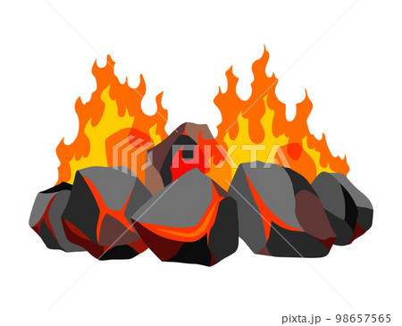 Burning coal. Realistic bright flame fire on coals heap. Closeup vector illustration for grill blaze fireplace, hot carbon or glowing charcoal image Burning coal. Realistic bright flame fire on coals heap. Closeup vector illustration for grill blaze fireplace, hot carbon or glowing charcoal image 98657565