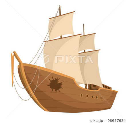 Broken ship icon. Cartoon wooden battered ship with tattered board after wreck or attack. Destroyed, wreck ship isolated on white background 98657624