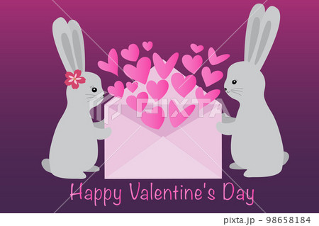 Cute rabbits are holding an envelope with hearts. Love concept. Vector illustration isolated on pink background. 98658184