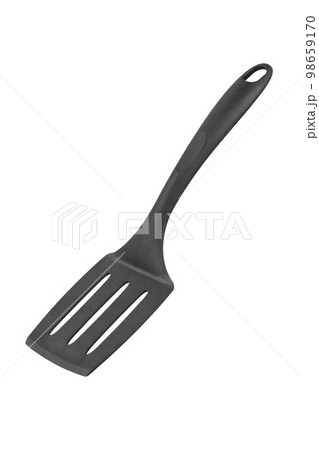 Black plastic cooking spatula isolated on white background. Kitchen utensils. Black plastic cooking spatula isolated on white background. Kitchen utensils. 98659170