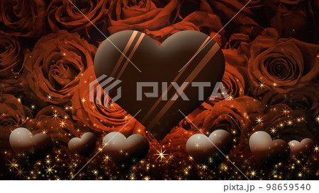 バラの背景にハートのチョコレートが浮かぶ画像、バレンタインデー バラの背景にハートのチョコレートが浮かぶ画像、バレンタインデー 98659540