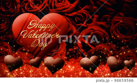 バラの背景にハートのチョコレートが浮かぶ画像、バレンタインデー バラの背景にハートのチョコレートが浮かぶ画像、バレンタインデー 98659566