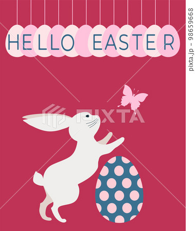 Bunny silhouette, colorful eggs, happy easter lettering. Vector illustration isolated on pink background. Bunny silhouette, colorful eggs, happy easter lettering. Vector illustration isolated on pink background. 98659668
