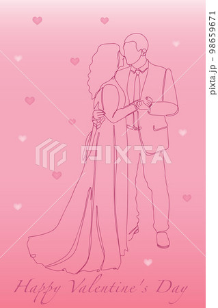 Postcard Happy Valentine's Day. Continuous line drawing of couples who love each other hold hands. Vector illustration Postcard Happy Valentine's Day. Continuous line drawing of couples who love each other hold hands. Vector illustration 98659671