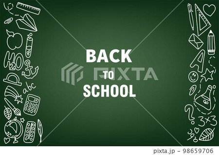 Hand-drawn school supplies on a green background. Back to school. Vector illustration in doodle style. Hand-drawn school supplies on a green background. Back to school. Vector illustration in doodle style. 98659706