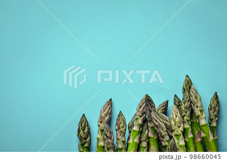 An edible, raw stems of asparagus on blue background. 98660045