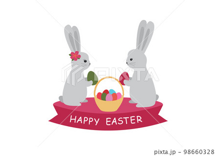 Happy easter card. Illustration with cute bunnies and eggs. Vector illustration isolated on white background. 98660328