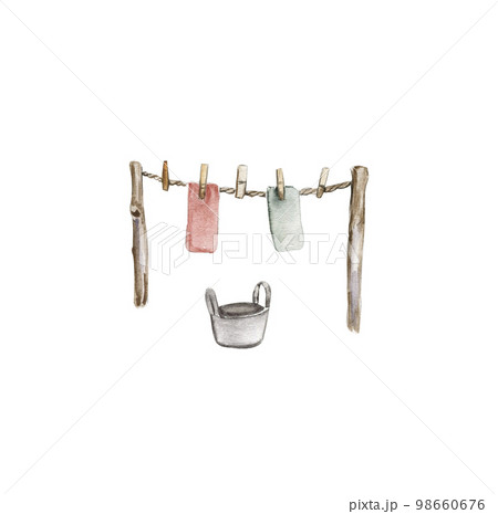 Watercolor wooden clothes dryer with clothes on it. Watercolor hand drawn illustration on white background. Perfect for greeting card, poster, wedding invitation, party decor. Watercolor wooden clothes dryer with clothes on it. Watercolor hand drawn illustration on white background. Perfect for greeting card, poster, wedding invitation, party decor. 98660676