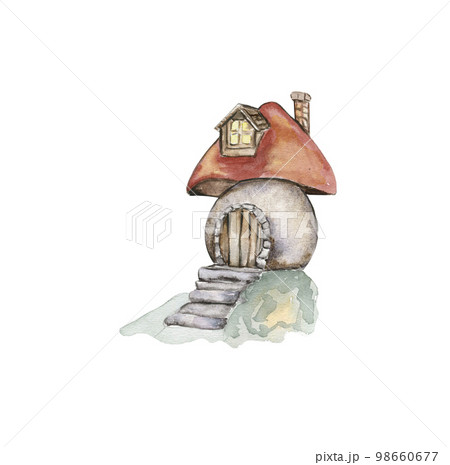 Watercolor cartoon fairy tale mushroom house with wooden door. Watercolor hand draw fairy tale illustration. Illustartion with white isolated background. Perfect for greeting card, poster. Watercolor cartoon fairy tale mushroom house with wooden door. Watercolor hand draw fairy tale illustration. Illustartion with white isolated background. Perfect for greeting card, poster. 98660677