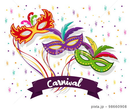Colorful carnival masks and text Carnival on the background of confetti and fireworks. Mardi Gras Banner, poster, vector 98660908