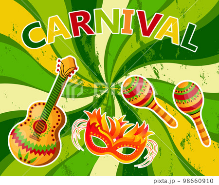Colorful carnival masks, guitar, maracas and text Carnival on a colorful wavy background. Mardi Gras Banner, poster, vector Colorful carnival masks, guitar, maracas and text Carnival on a colorful wavy background. Mardi Gras Banner, poster, vector 98660910