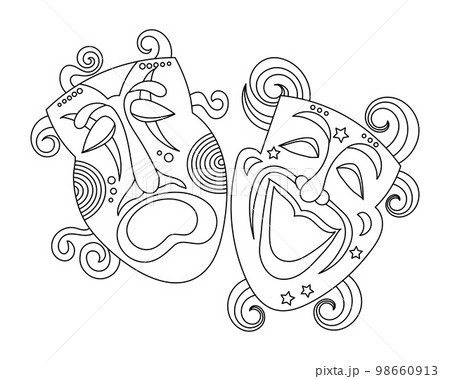 Line art, carnival masks, sketch. Design for coloring book. Banner, poster, vector 98660913