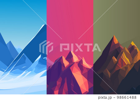 A set of mountain landscapes in a polygonal style. Natural wallpapers. Geometric minimalist, polygonal concept. Sunrise, winter landscape. Clear sky. 98661488