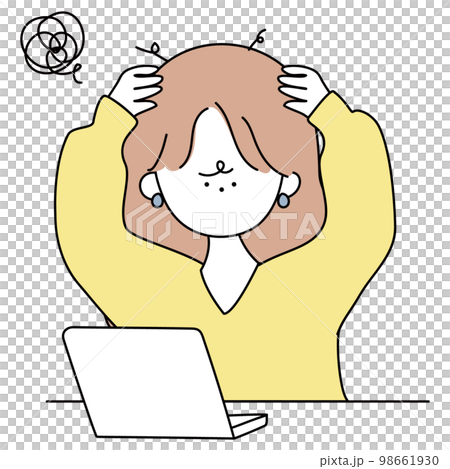 パソコンの前で頭を抱えるかわいいお姉さん白 98661930