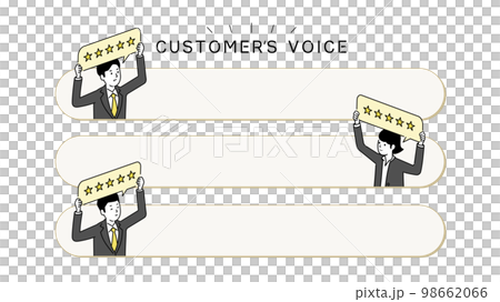 Customer testimonial template design, illustration of a person giving a speech bubble and a five-star rating, vector 98662066
