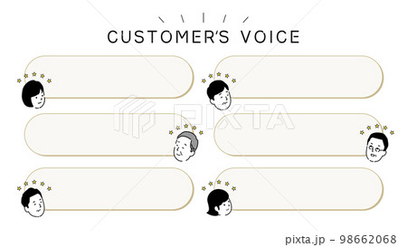 お客様の声のテンプレートデザイン、ふきだしと五つ星の評価をする人物のイラスト、ベクター 98662068