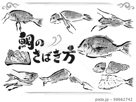 鯛のさばき方　魚をさばく手順　手描き和風イラストセット　白黒,モノクロ,単色, ベクター 98662742