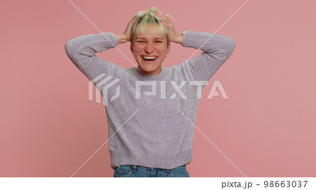 Woman laughing out loud after hearing ridiculous anecdote, funny joke, positive people lifestyle 98663037