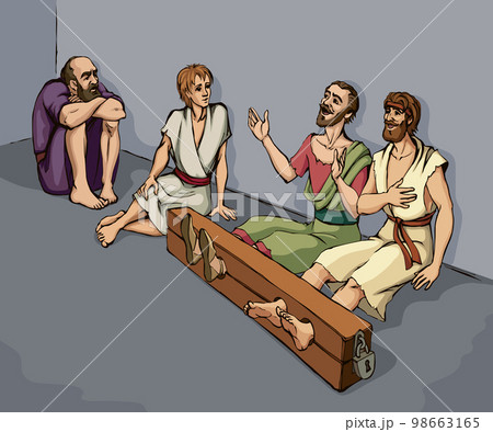 Paul and Silas in prison. Vector drawing 98663165