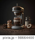 tasty picture of making coffee by coffee machine with delicious donuts 98664400