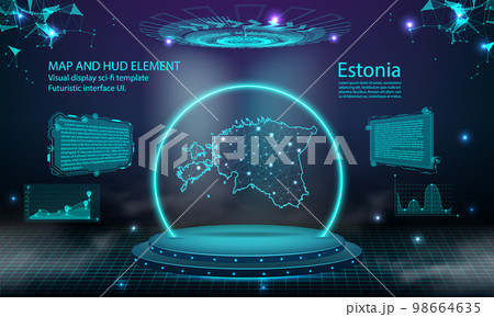 estonia map light connecting effect background. abstract digital technology UI, GUI, futuristic HUD Virtual Interface with estonia map. Stage futuristic podium in fog. estonia map light connecting effect background. abstract digital technology UI, GUI, futuristic HUD Virtual Interface with estonia map. Stage futuristic podium in fog. 98664635