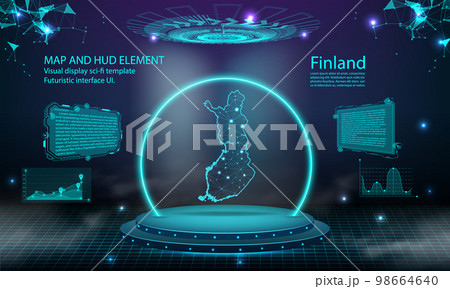 finland map light connecting effect background. abstract digital technology UI, GUI, futuristic HUD Virtual Interface with finland map. Stage futuristic podium in fog. finland map light connecting effect background. abstract digital technology UI, GUI, futuristic HUD Virtual Interface with finland map. Stage futuristic podium in fog. 98664640
