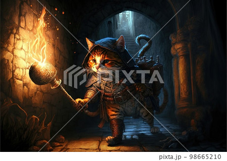 cat exploring a dungeon in search of dragons using a torch illustration generative ai 98665210