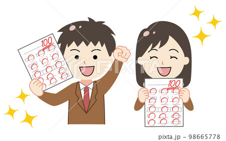 テストで100点満点をとり喜ぶ学生の男女のイラスト 98665778