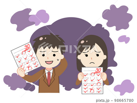 テストの成績が悪く落ち込む・困る学生の男女のイラスト　背景あり 98665780