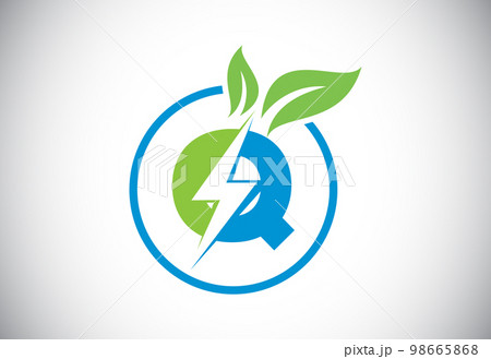 Initial Q letter thunderbolt leaf circle or eco energy saver icon. Leaf and thunderbolt icon concept for nature power electric logo Initial Q letter thunderbolt leaf circle or eco energy saver icon. Leaf and thunderbolt icon concept for nature power electric logo 98665868