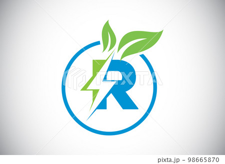Initial R letter thunderbolt leaf circle or eco energy saver icon. Leaf and thunderbolt icon concept for nature power electric logo Initial R letter thunderbolt leaf circle or eco energy saver icon. Leaf and thunderbolt icon concept for nature power electric logo 98665870