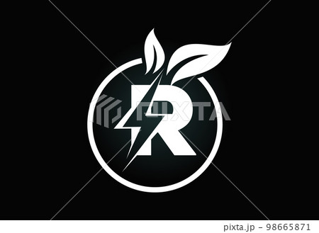 Initial R letter thunderbolt leaf circle or eco energy saver icon. Leaf and thunderbolt icon concept for nature power electric logo Initial R letter thunderbolt leaf circle or eco energy saver icon. Leaf and thunderbolt icon concept for nature power electric logo 98665871