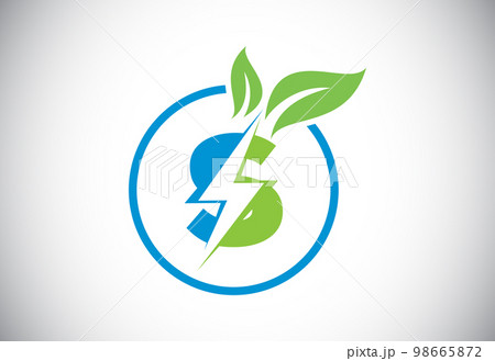 Initial S letter thunderbolt leaf circle or eco energy saver icon. Leaf and thunderbolt icon concept for nature power electric logo Initial S letter thunderbolt leaf circle or eco energy saver icon. Leaf and thunderbolt icon concept for nature power electric logo 98665872