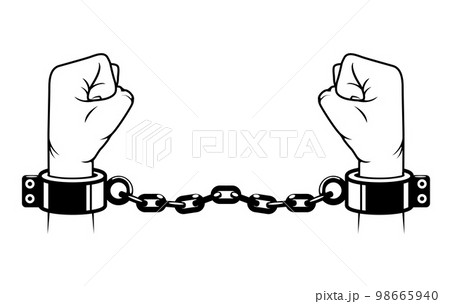 Slave hands with shackles on wrists, handcuffed prisoner, fetter or manacle on fists, debt concept Slave hands with shackles on wrists, handcuffed prisoner, fetter or manacle on fists, debt concept 98665940