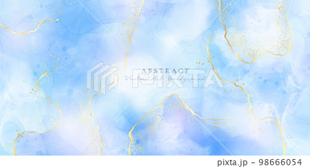 Violet cyan blue liquid watercolor background with golden stains. Teal mauve purple marble alcohol ink drawing effect. Vector illustration design template for wedding invitation, menu, rsvp 98666054