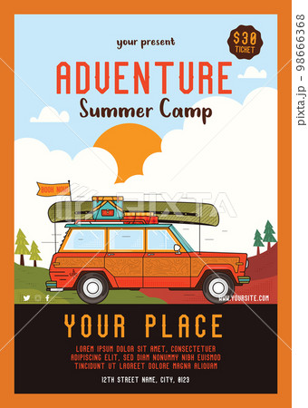 Adveture Summer Camp Social media flyer template with vintage camper car. Classic camping invitation card design. Stock vector poster graphics 98666368