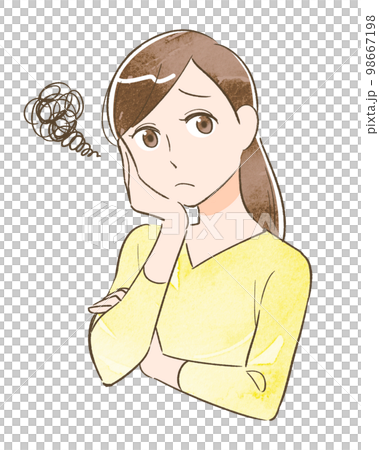 悩む・困惑する女性のイラスト素材　水彩風バージョン 98667198