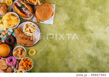 Assortment of various unhealthy junk food. Assortment of various unhealthy junk food. 98667960