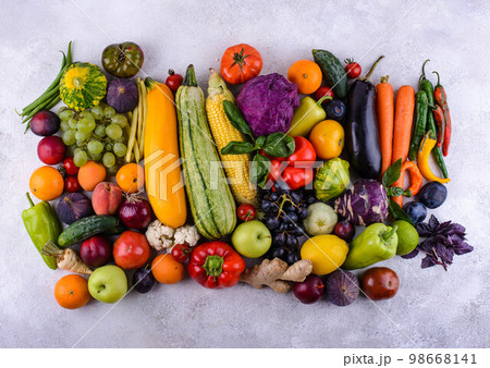 Assortment of rainbow color vegetables and fruits 98668141