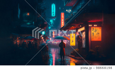rainy night in cyberpunk chinese city street, neural network generated art 98668198