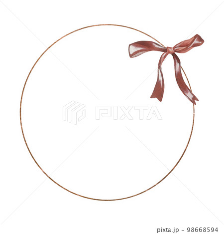 Watercolor illustration. Golden wreath decorated with red bow. Place for inscription or text. Isolated on a white background. For design of card, wedding invitation, stickers 98668594