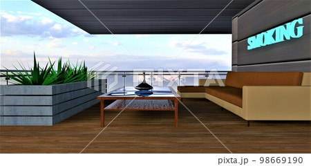 A smoking area on the balcony of an elite country cottage. Comfortable sofa and table for hookah or ashtray. 3d rendering. A smoking area on the balcony of an elite country cottage. Comfortable sofa and table for hookah or ashtray. 3d rendering. 98669190