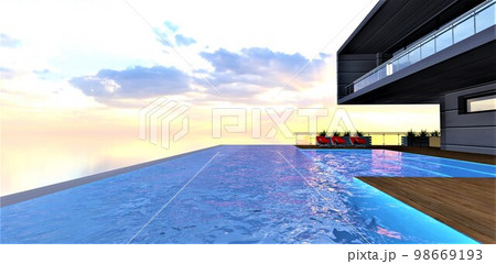 Amazing pool on the roof of a luxurious building. The setting sun behind the clouds over the water surface. Only empty space outside. 3d rendering. Amazing pool on the roof of a luxurious building. The setting sun behind the clouds over the water surface. Only empty space outside. 3d rendering. 98669193