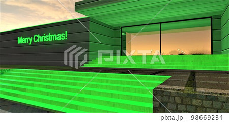 Unusual green color for Chrismas topic. Luxury concrete stairs in front of the porch with glass door reflecting amazing sunrise. 3d rendering. Unusual green color for Chrismas topic. Luxury concrete stairs in front of the porch with glass door reflecting amazing sunrise. 3d rendering. 98669234