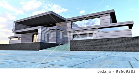The house was built according to the exclusive design of an advanced architect. Concrete paving slabs blend well with horizontal aluminum cladding panels. 3d rendering. 98669283