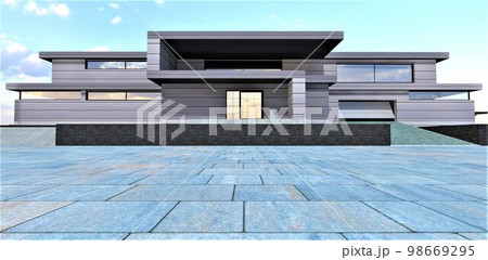 Frontal view of a technologically advanced country house built using environmentally friendly natural materials. Spacious paved area of concrete slabs. 3d rendering. 98669295
