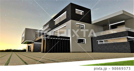 The yard of the contemporary suburban house at night. View to the porch, garage, and a balcony. LED illumination of the brick tiled facade. 3d rendering. 98669373