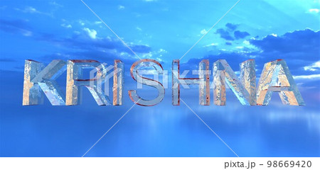 The name of the Creator Krishna consisting of water over the sea surface against the blue sky. 3d rendering. 98669420