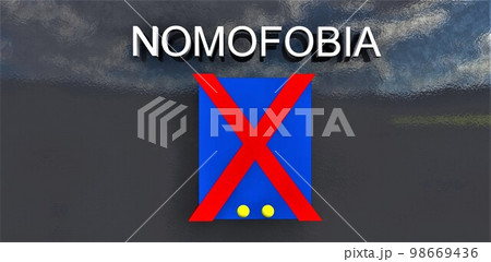 Word Nomofobia written in whiite on the steel background. Screen of the smartphone crossed out by red lines. 3d rendering. 98669436